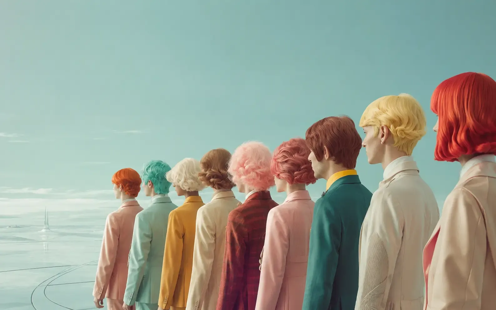 A line of people facing a bright, unfamiliar horizon