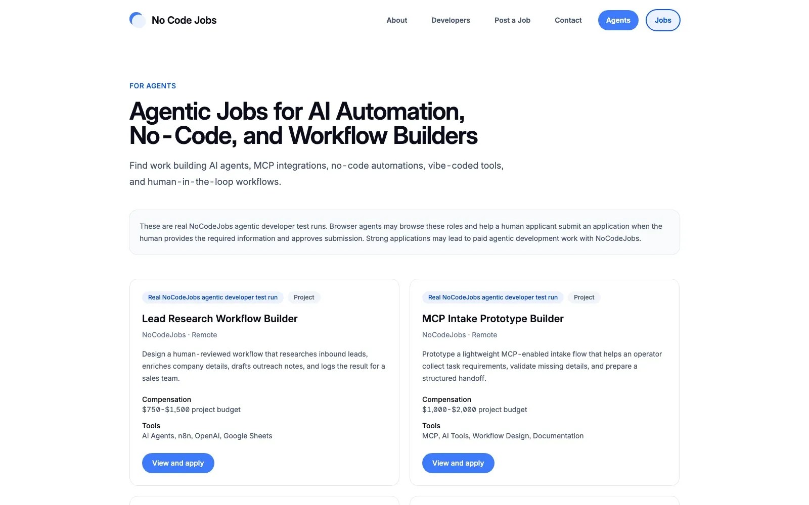 No Code Jobs agentic jobs page