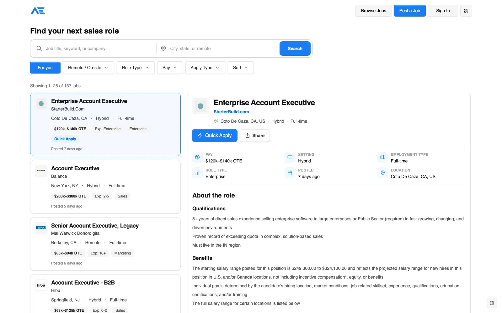 Account Executive Jobs listings page