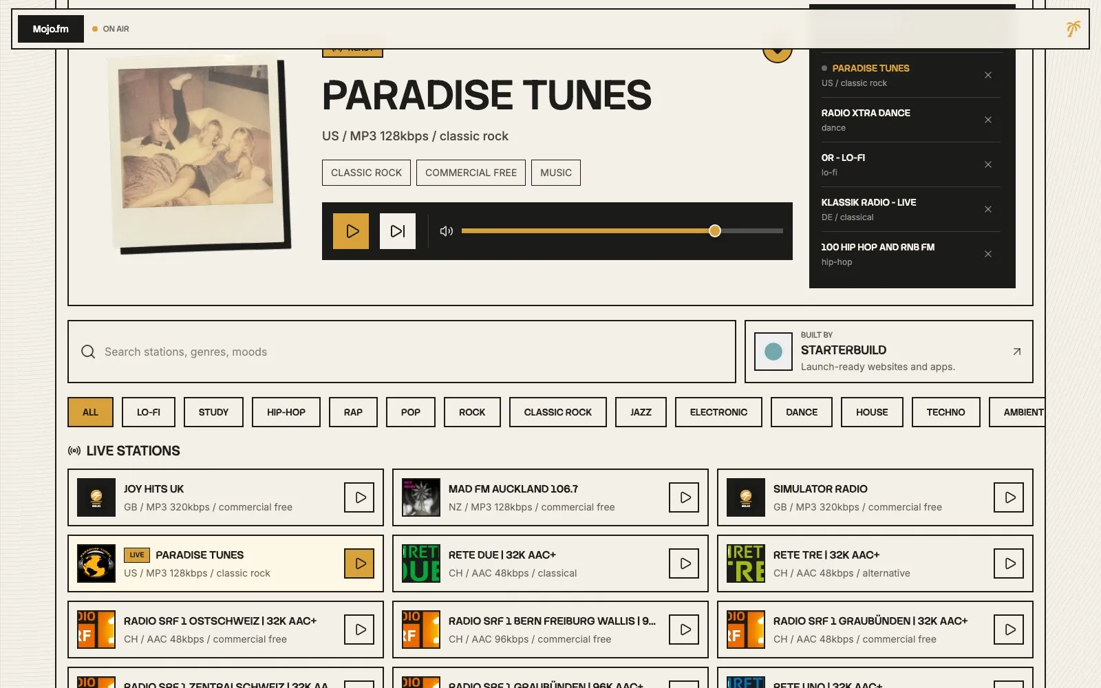 Mojo.fm mid-page interface