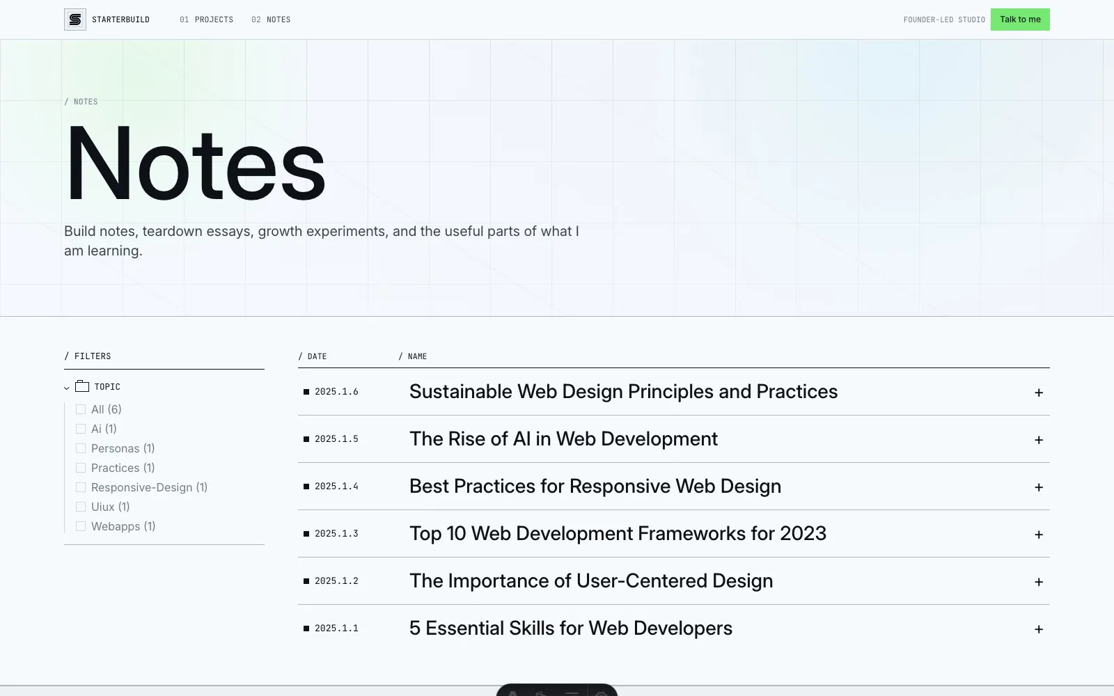 StarterBuild notes page