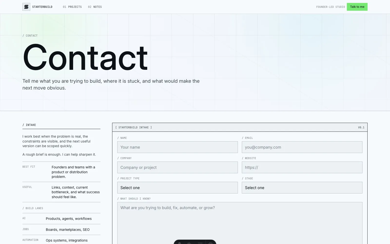 StarterBuild contact page