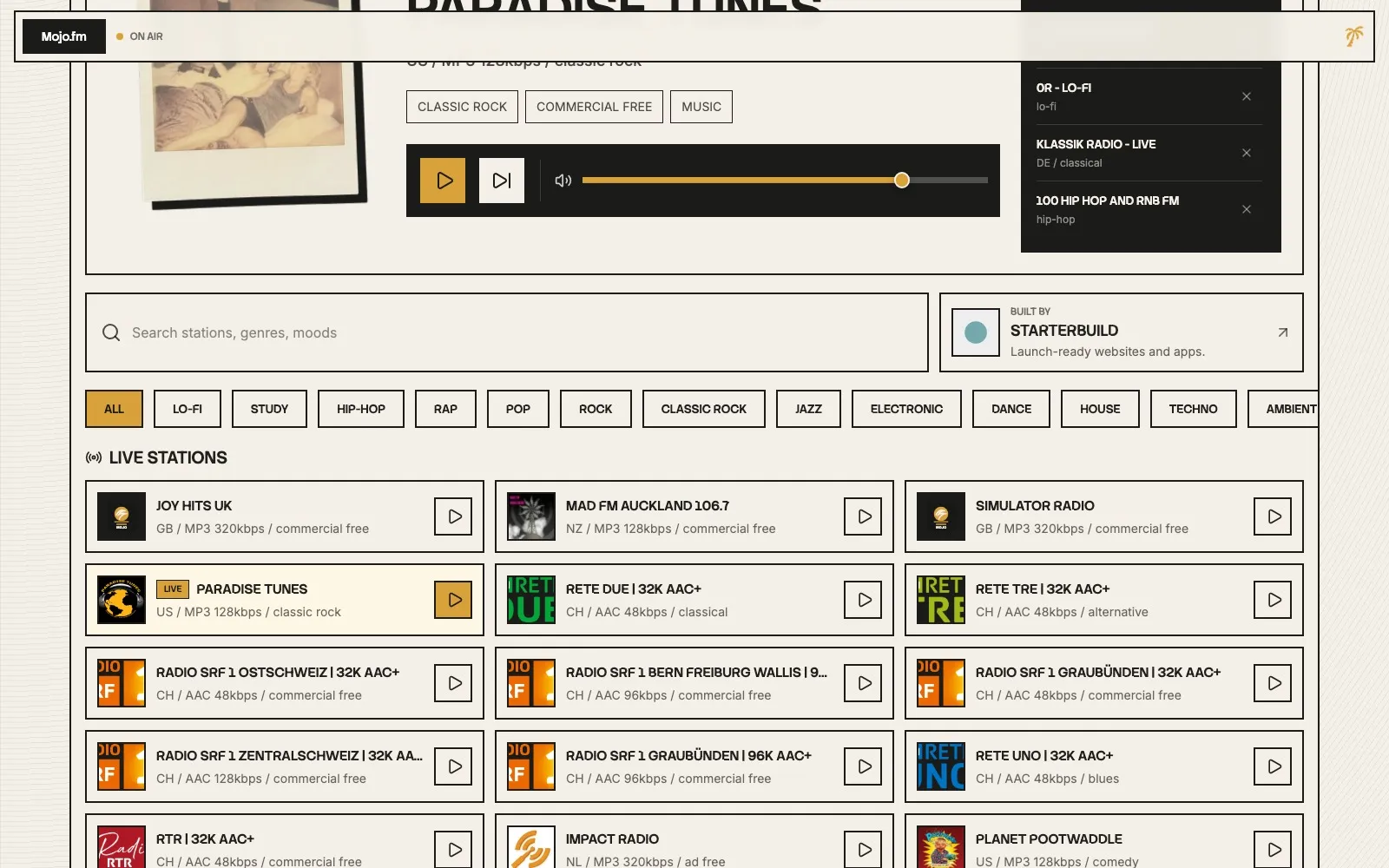 Mojo.fm lower page interface