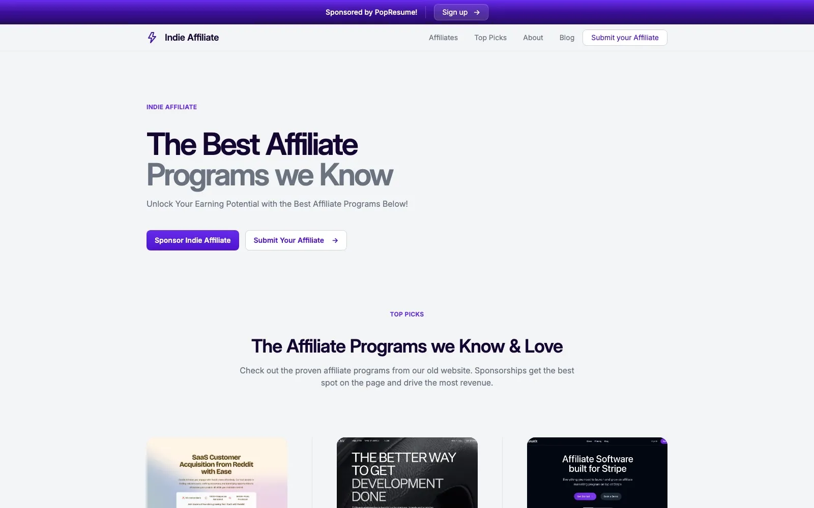 IndieAffiliate top picks page