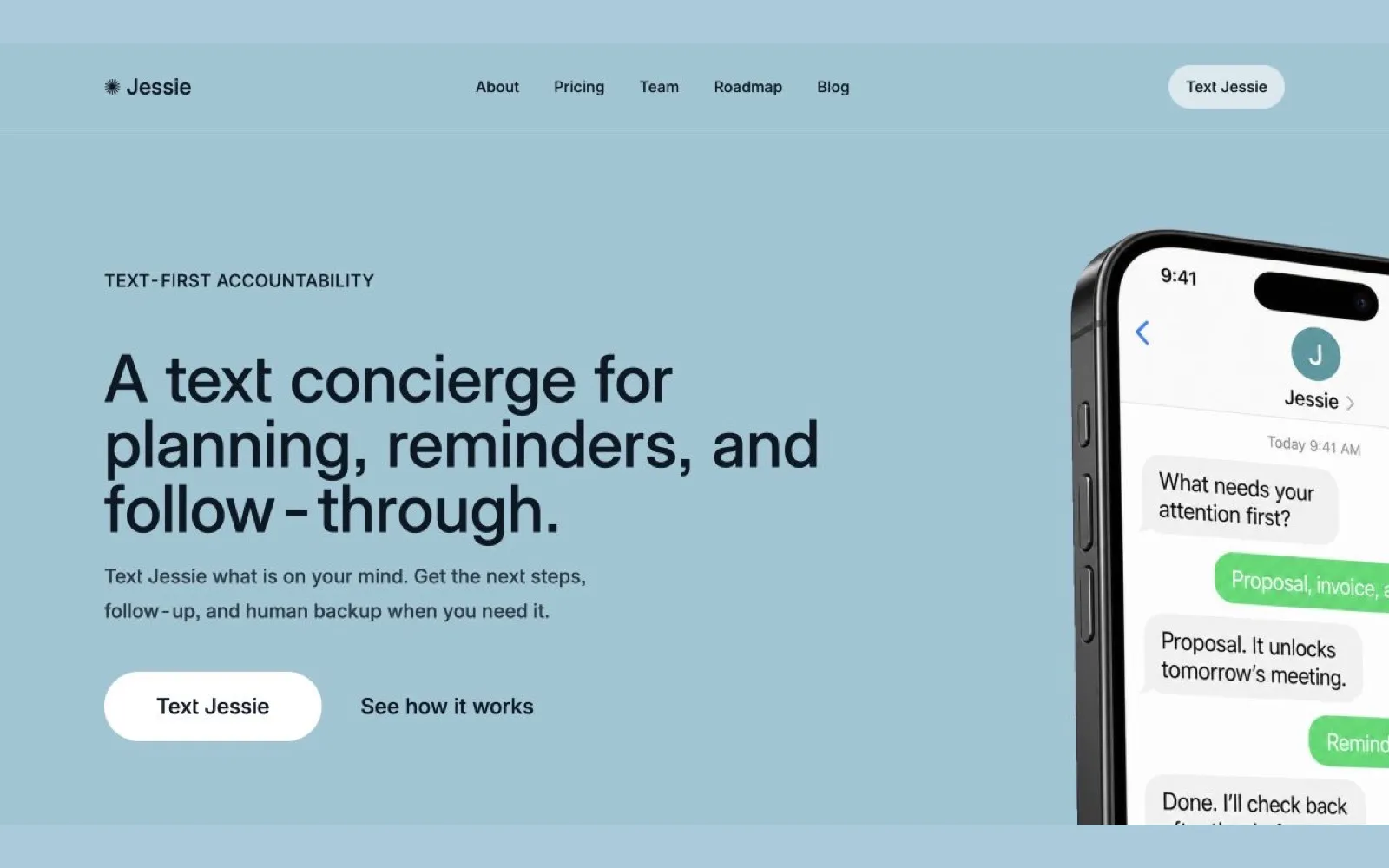 Current Jessie text concierge homepage