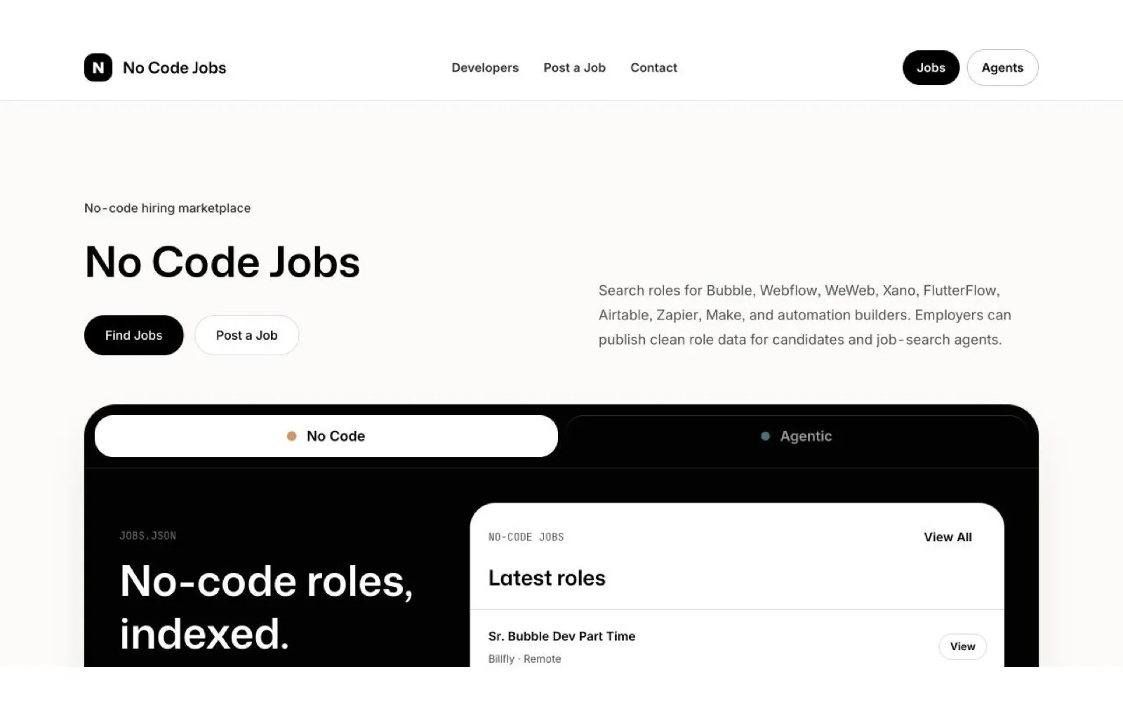 Current No Code Jobs homepage