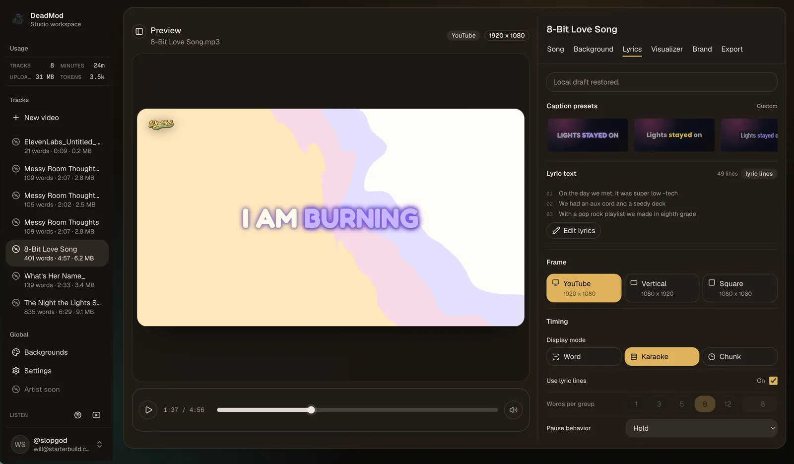 DeadMod Studio lyrics workspace
