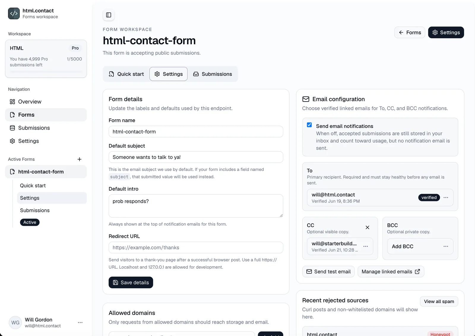 html.contact form settings