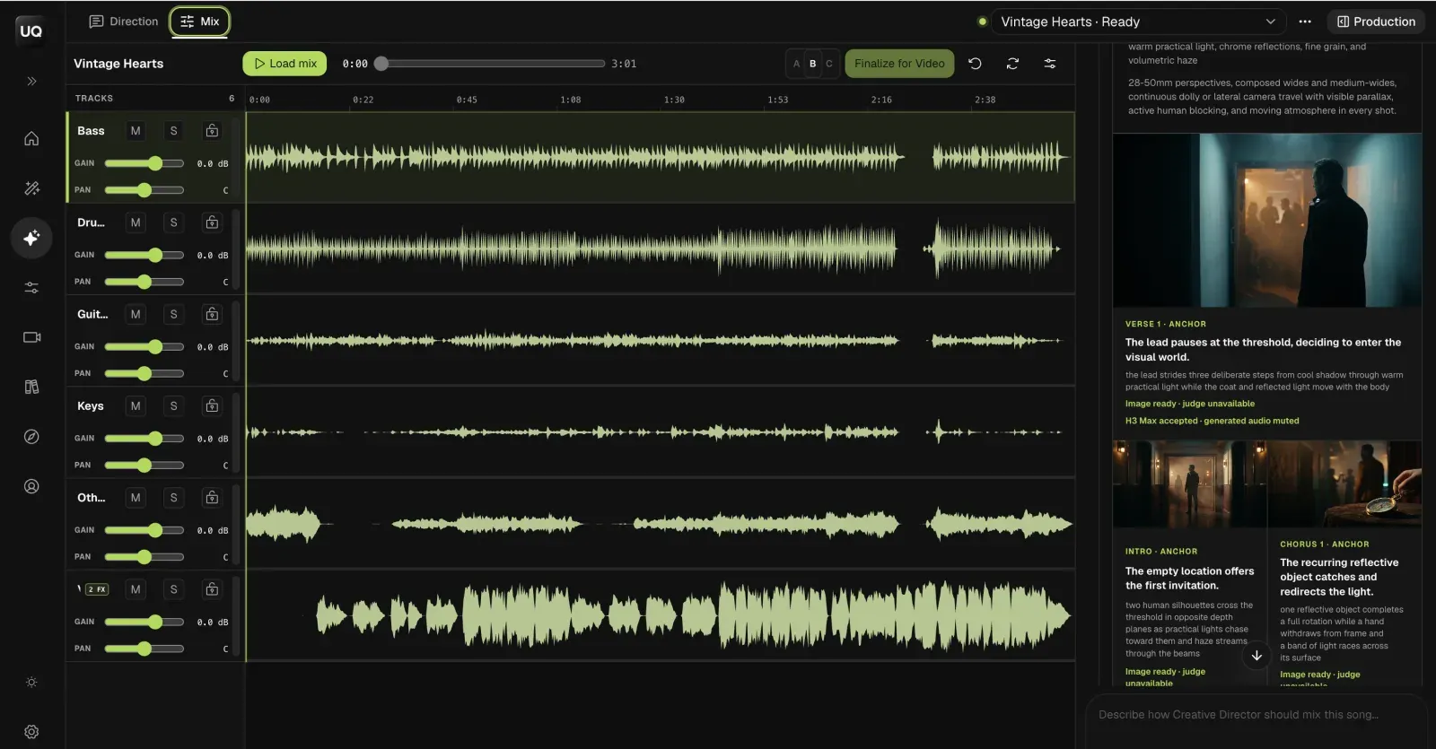 UQHQ studio showing a multitrack music mixer, waveform tracks, and shot cards for a music video
