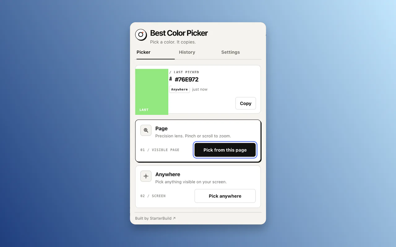 Best Color Picker showing Page and Anywhere color picking modes