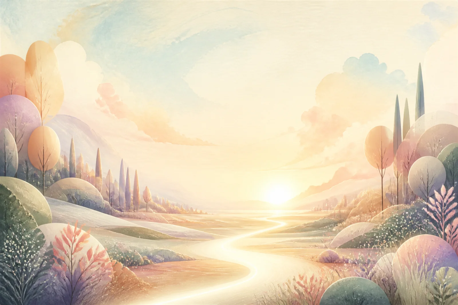 A luminous path crossing a soft pastel landscape