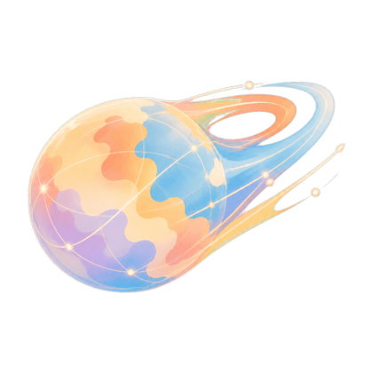 A small Human world moving through luminous orbital trails