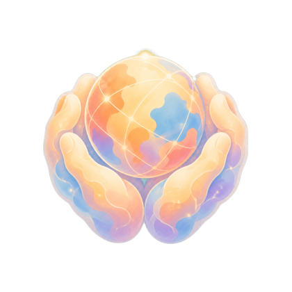 Two softly painted hands holding a small connected Human world