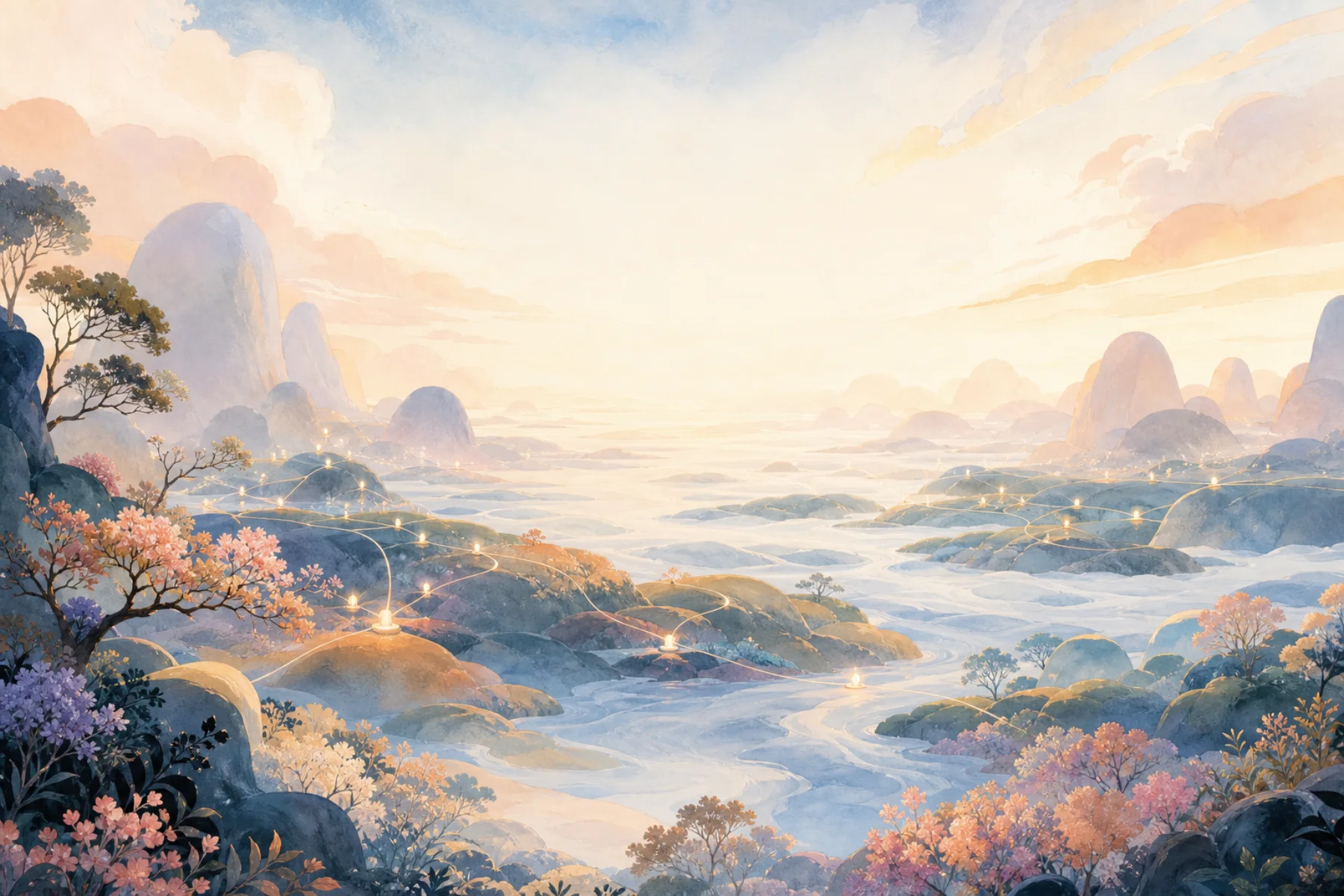 A luminous network spread across a peaceful imagined landscape