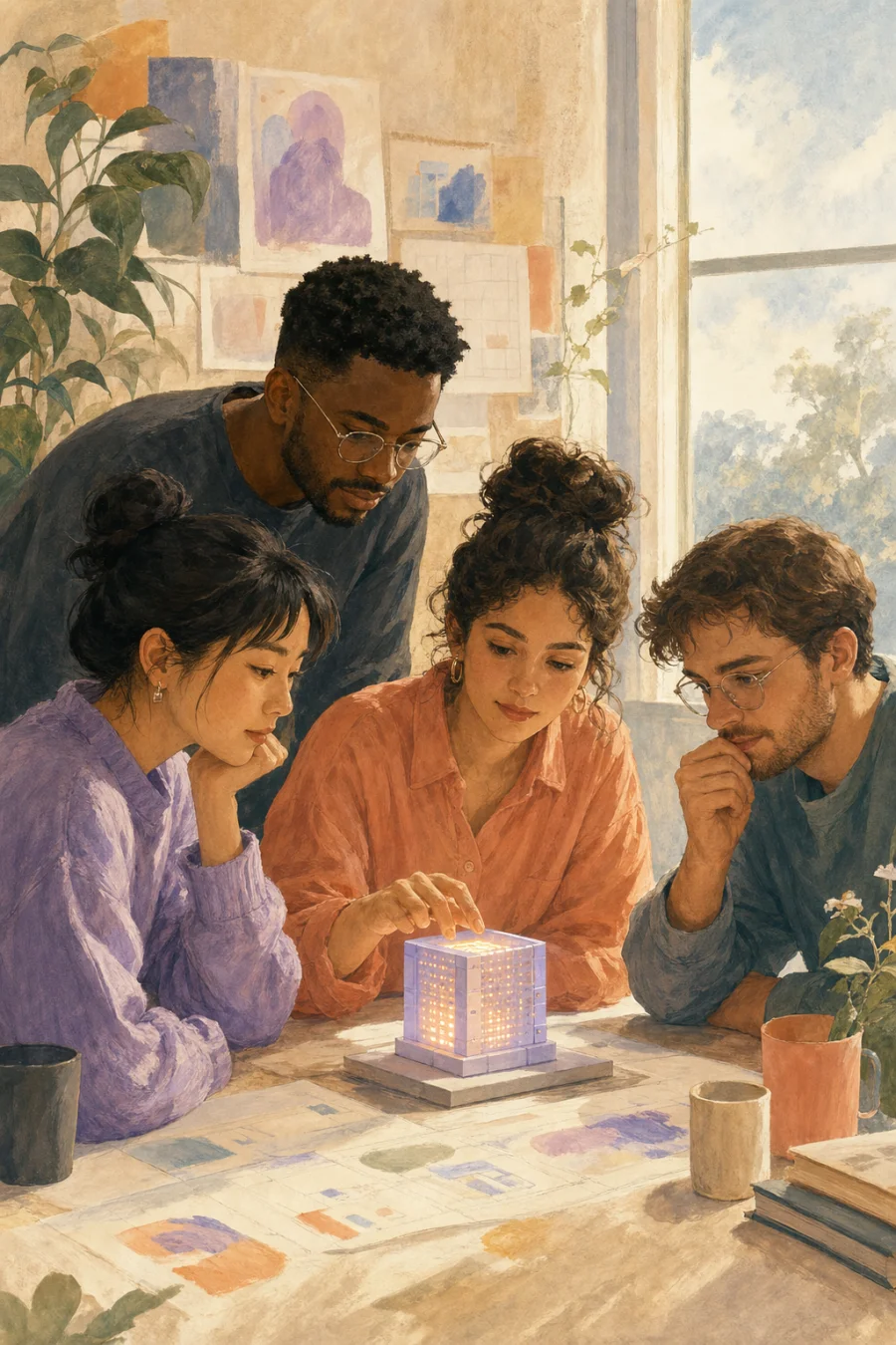 Four illustrated infrastructure engineers collaborating around a luminous model node