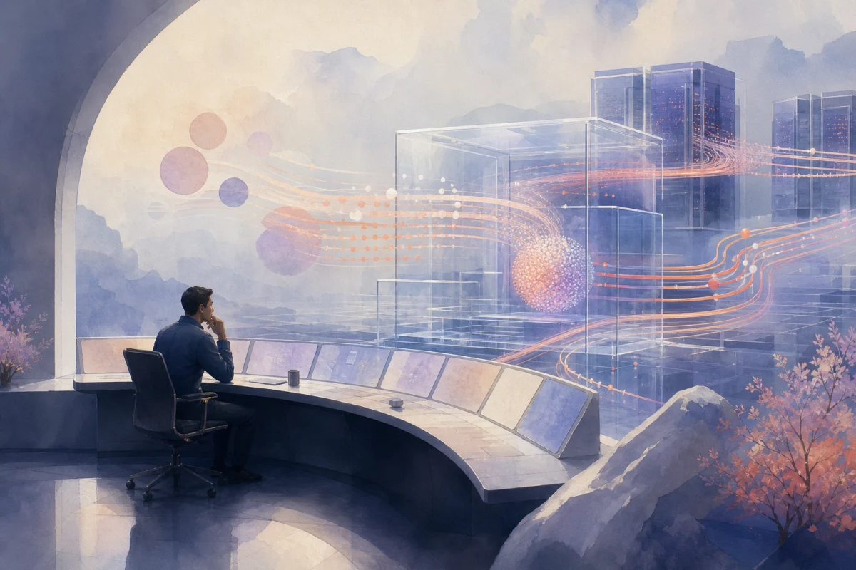 An engineer observing model requests moving through a calm inference control room