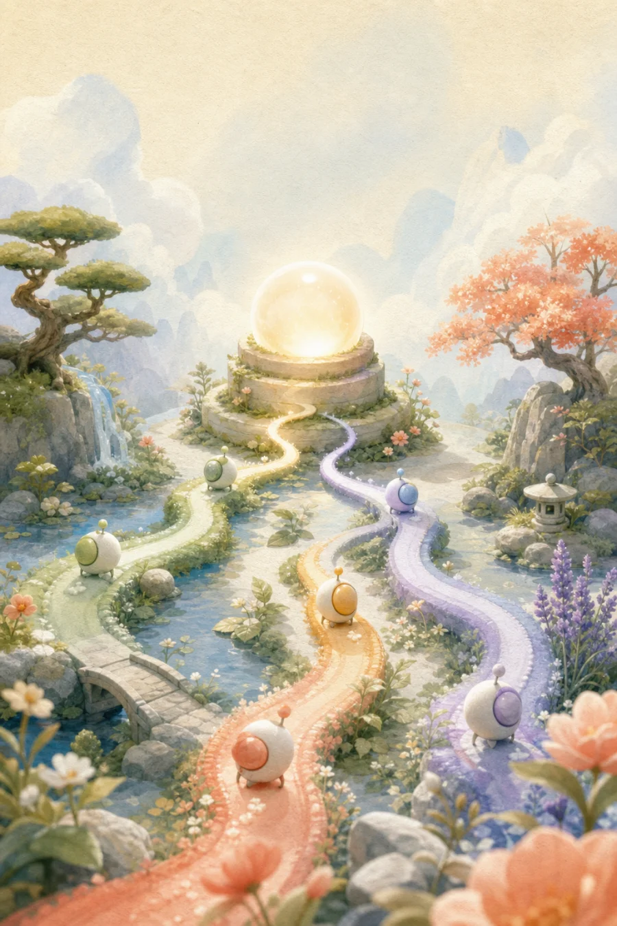 Coordinated paths moving through a miniature garden