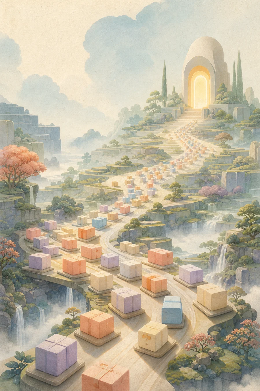 Pastel request parcels crossing a terraced valley