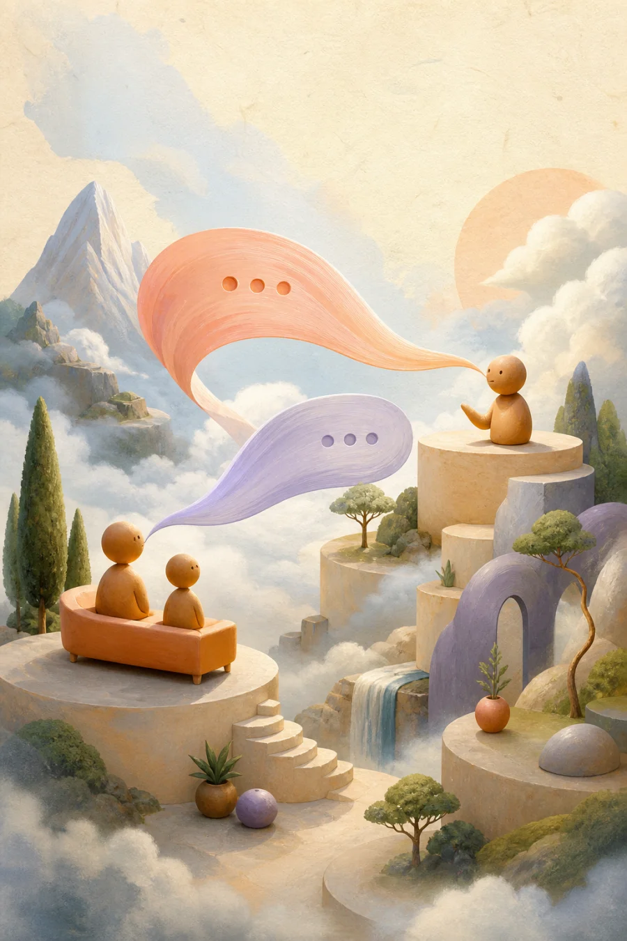 Speech ribbons flowing across a cloud terrace