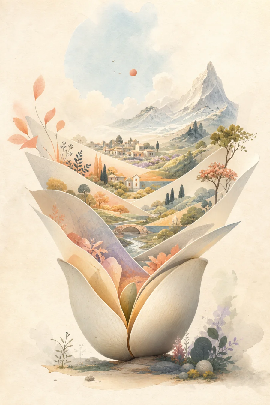 A sculptural seed unfolding into a colorful landscape