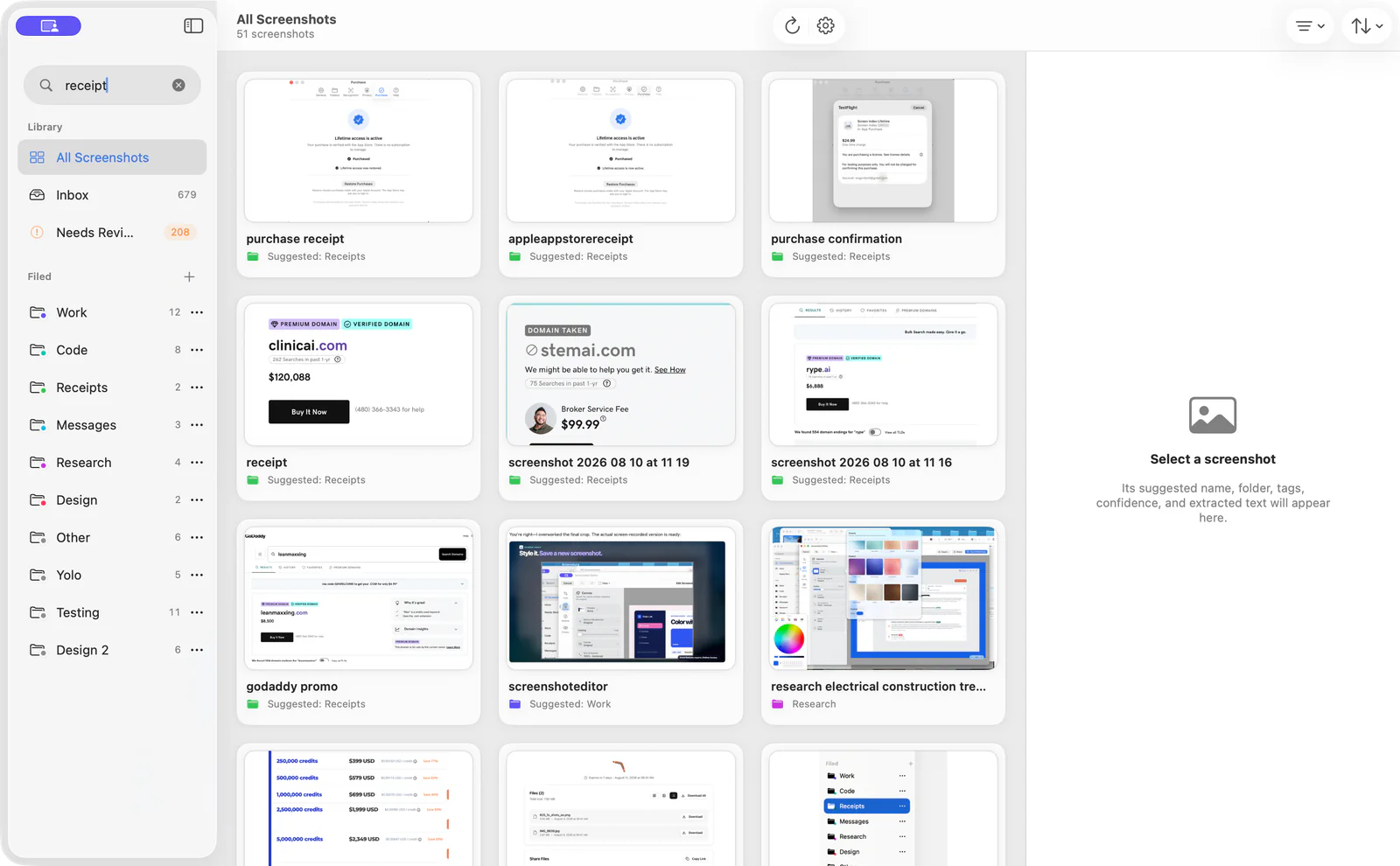 Screen Index library search finding Mac screenshots by text and visual details