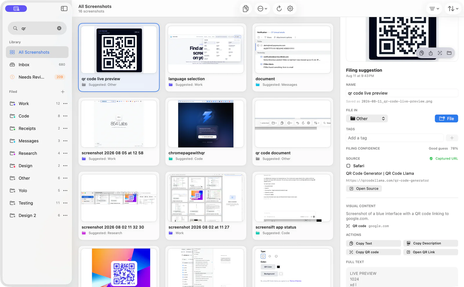 Screen Index screenshot details with detected QR code and captured source context