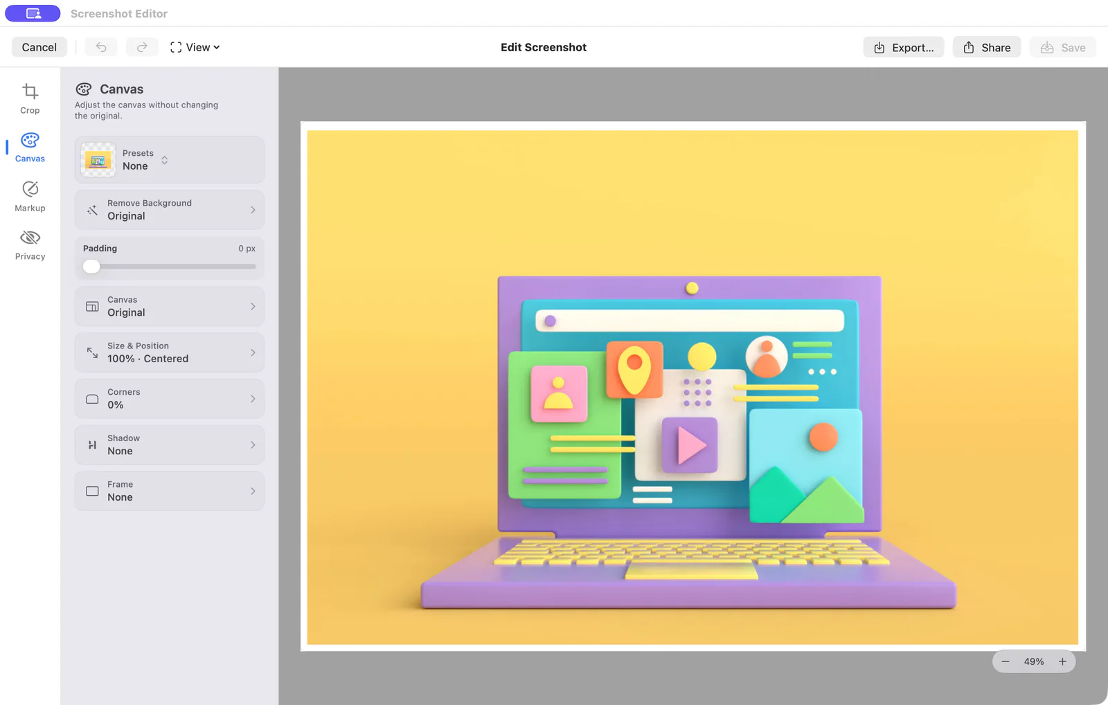 Screen Index screenshot editor with canvas, markup, privacy, and export controls