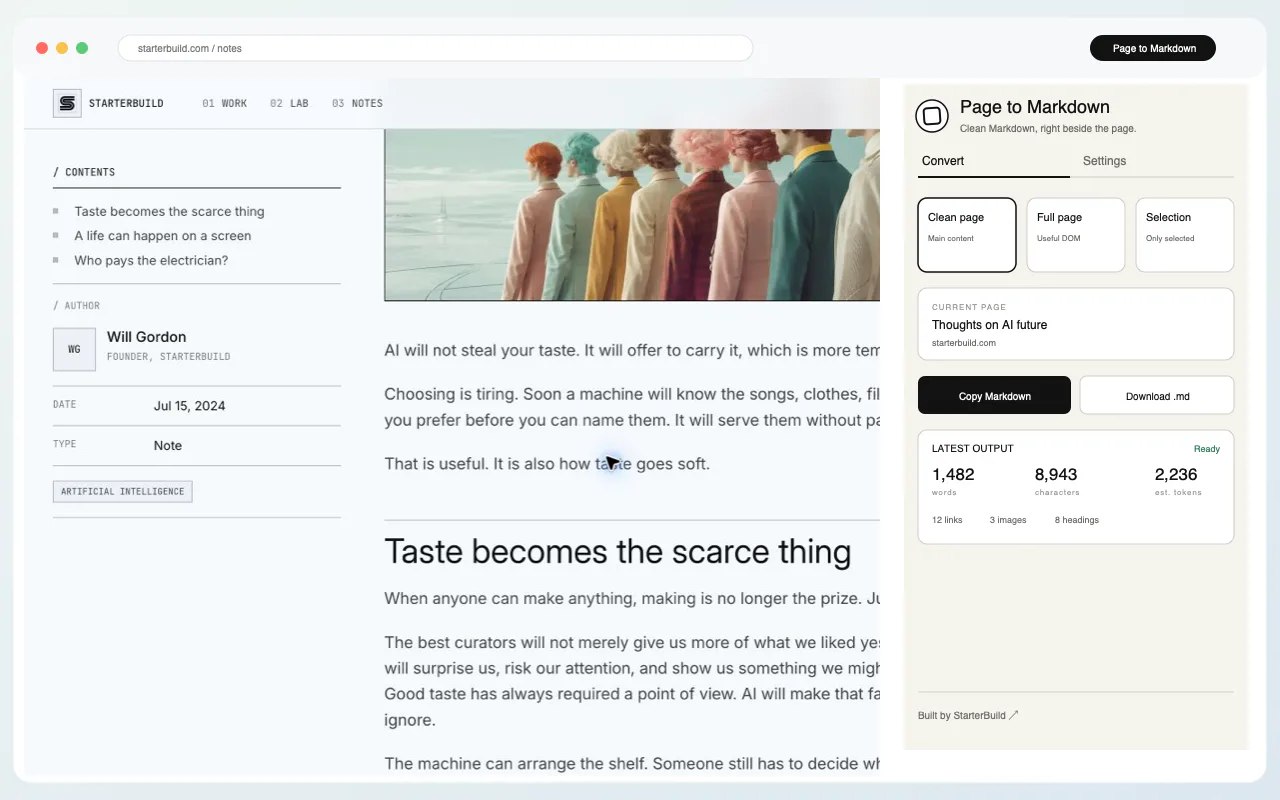 Page to Markdown converting a clean webpage into Markdown